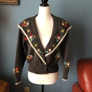 Vintage Rene Derhy gray boho embroidered wool angora blend cropped cardigan EUC